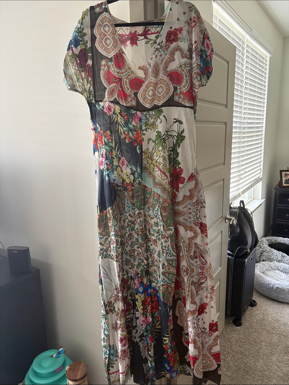 Johnny Was Patchwork Floral Maxi Dress in Cream, Red, Green, Blue